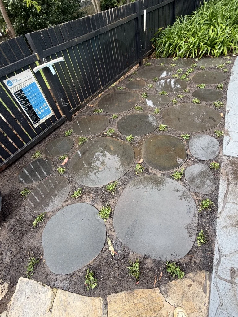 Round stone stepping pads in a garden pathway